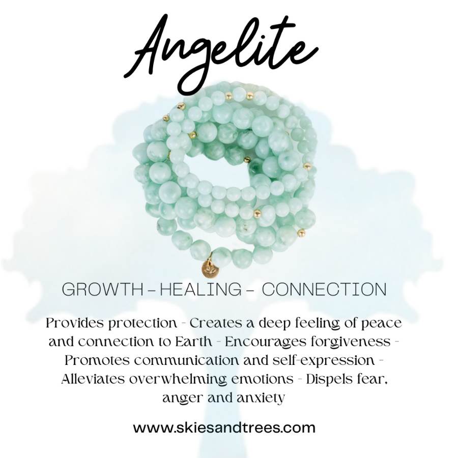 10mm Green Angelite Bead Bracelet - Peace & Spiritual Connection - Skies & Trees