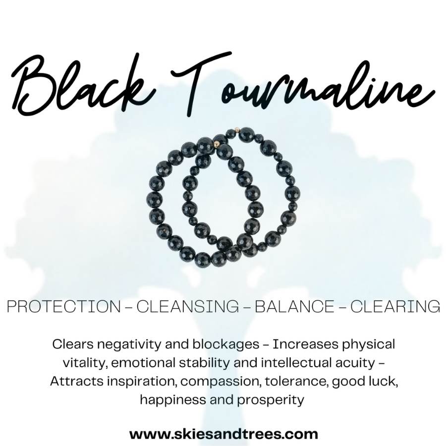 Black Tourmaline Bead Bracelet - Grounding, Protection, Cleansing - Skies & Trees